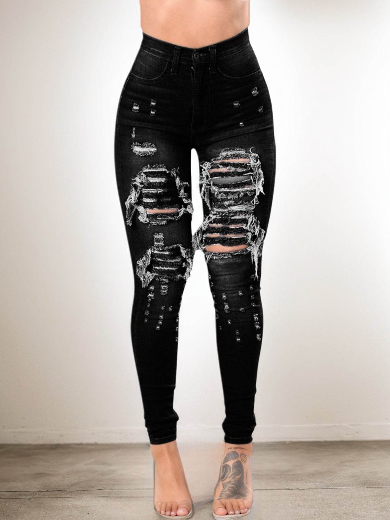 Versatile Women's High Waisted Elastic Ripped Tight Jeans, High-quality, Easy To Fit, Comfortable And Fashionable - Street Style Sexy Basic Jeans, Women's Jeans And Clothing