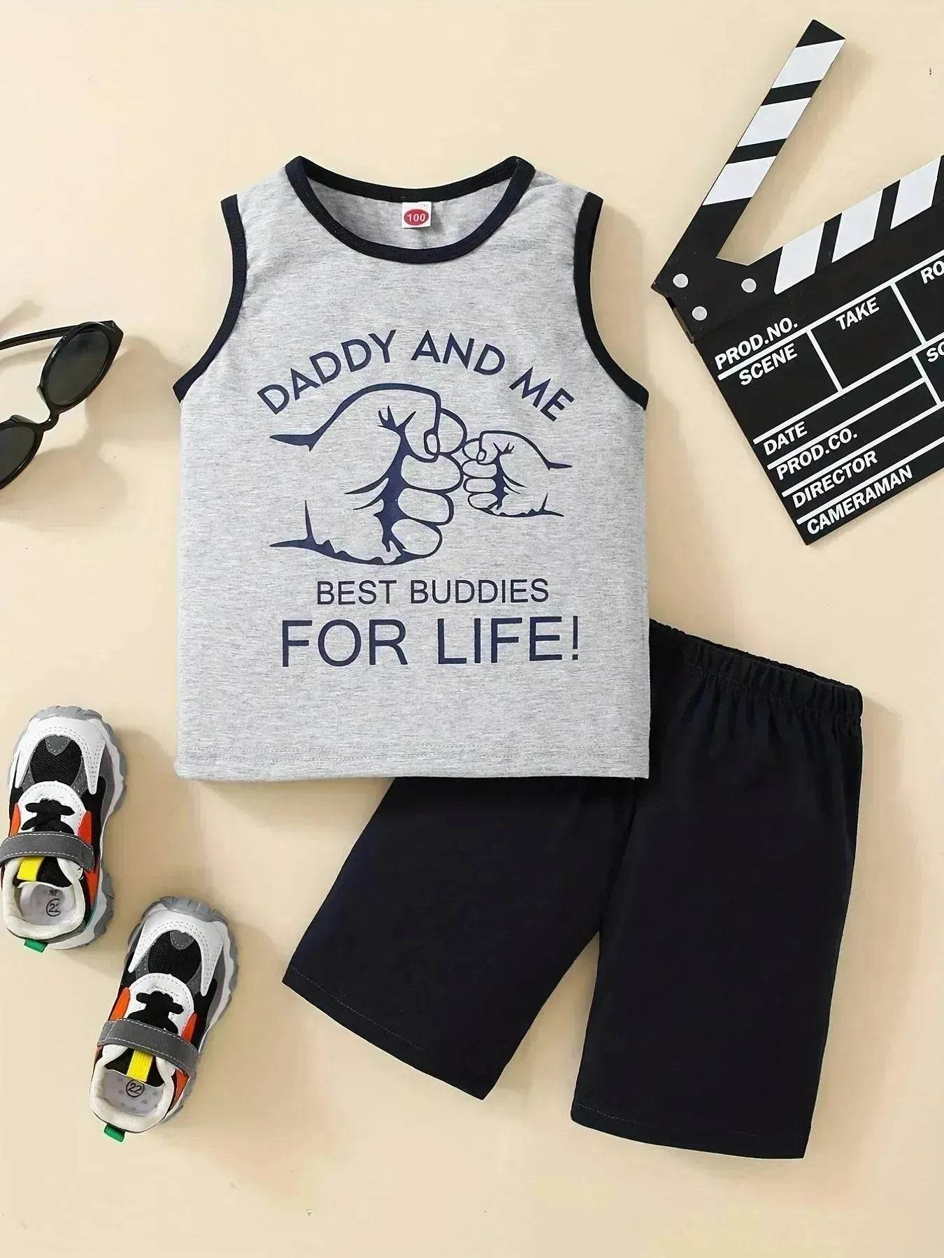 Summer Trendy Boys Letter Fist Print Sleeveless Casual Pants Suit Sleeveless two piece for boys Daddy and me outfit