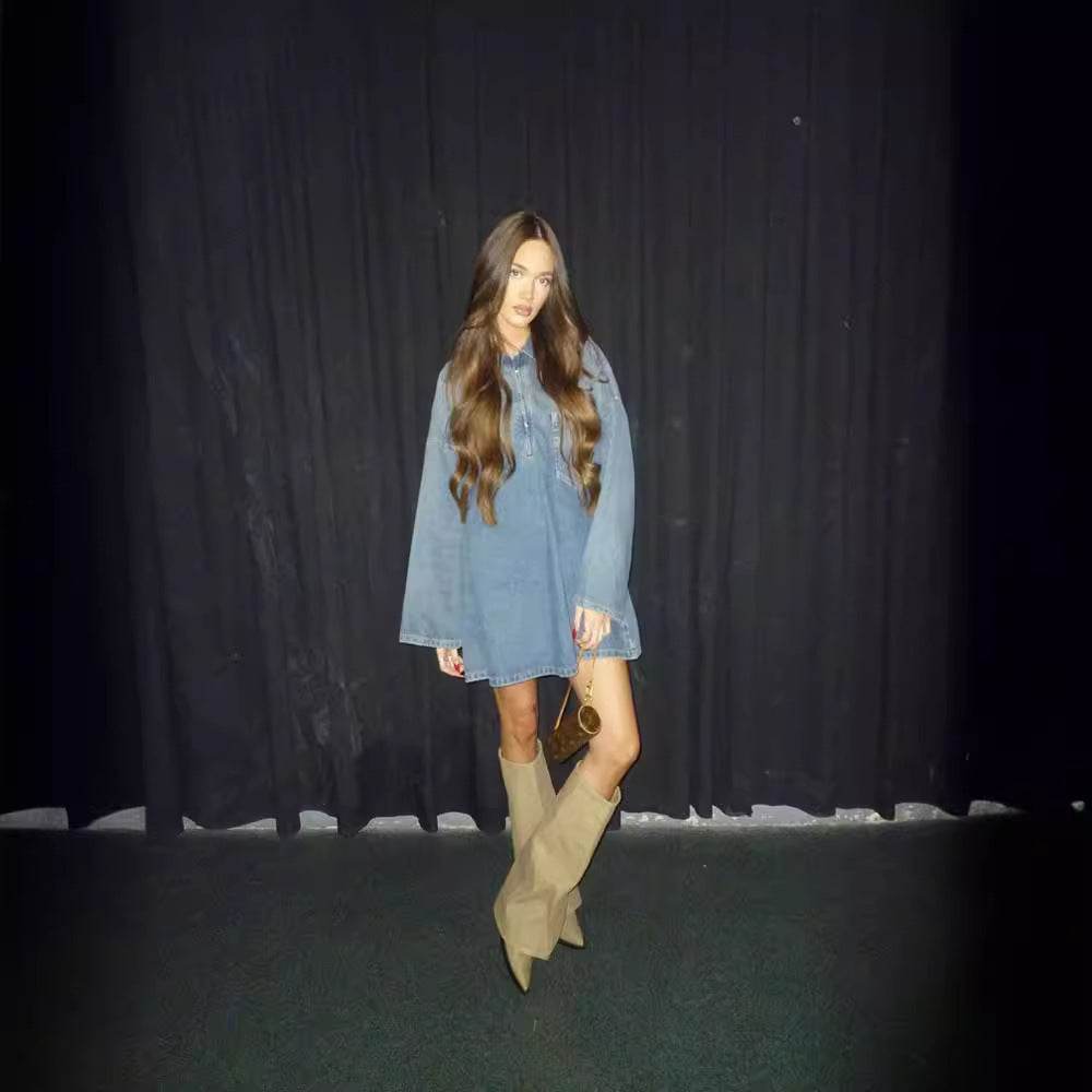 Lapel Patch Pocket Bell Sleeve Denim Dress