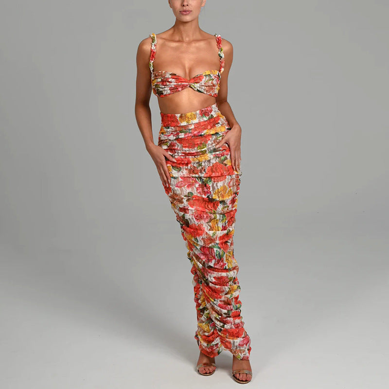 Elegant Women's Two Piece Dress Set – Printed Sleeveless Top with Pleated Maxi Skirt