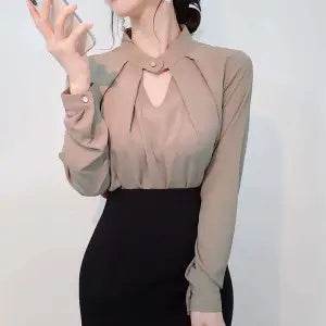 White Chiffon Blouse top Long Sleeves Office Blouses For Women