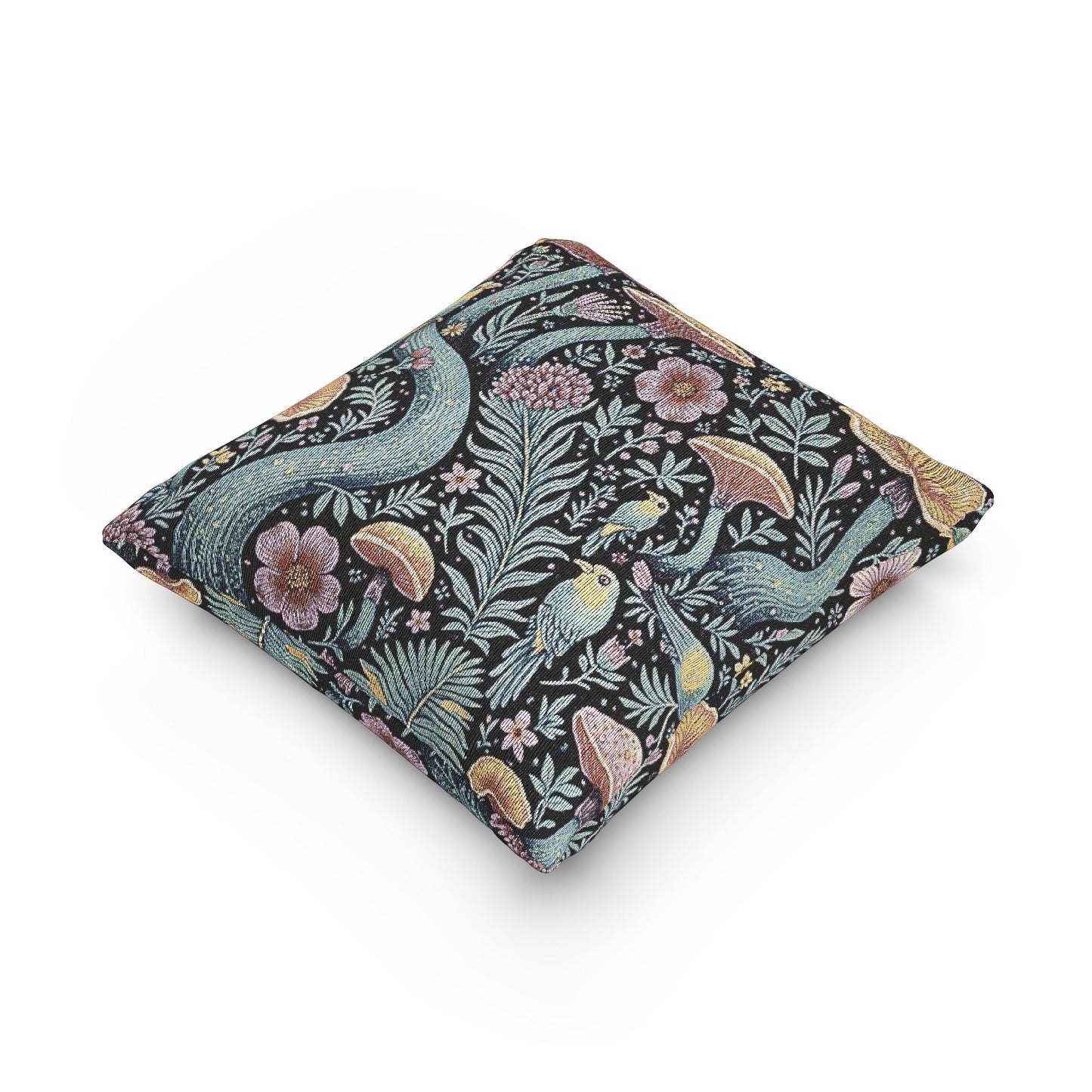 Mushroom and Fern Tapestry Pillow | Woven Decorative Throw Pillow