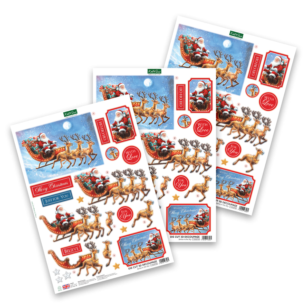 Katy Sue Designs Die Cut Decoupage – Santa in the Sky (pack of 3)