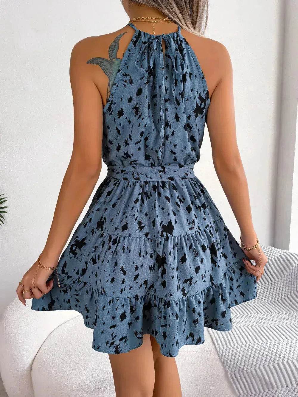 Robe trapèze décontractée à volants imprimé léopard, robe de plage estivale tendance pour femmes, robe patineuse pour femmes élégantes.