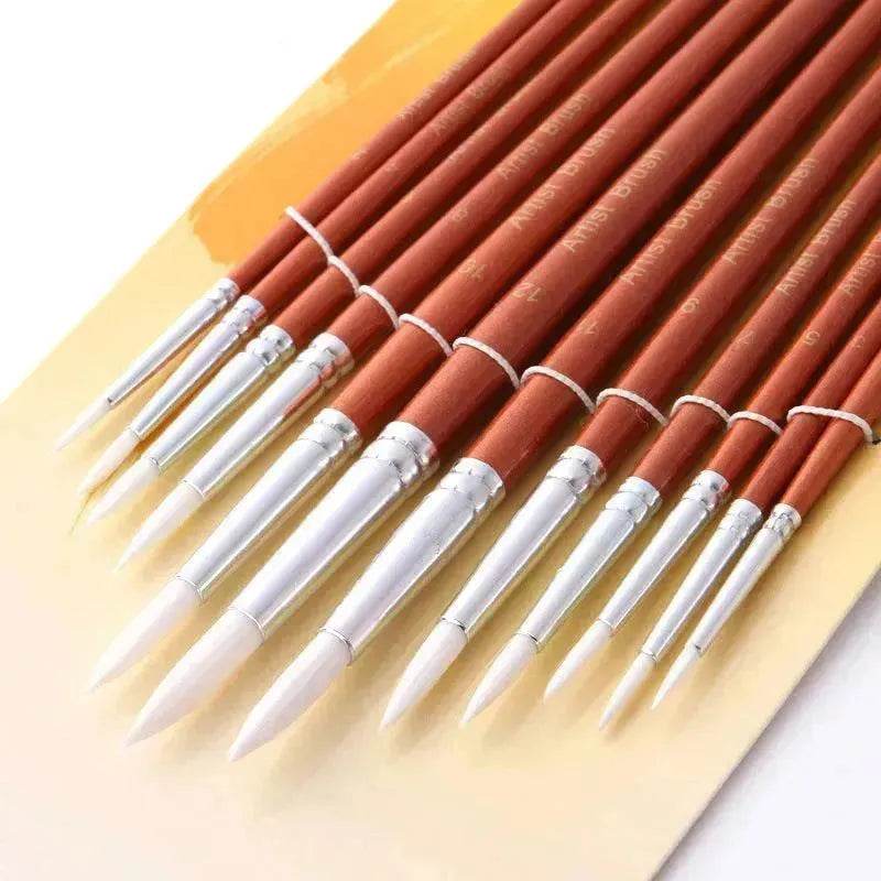 12Pcs Lot Round Shape Nylon Hair Wooden Handle Paint Brush Set Tool For Art School Watercolor Acrylic Painting