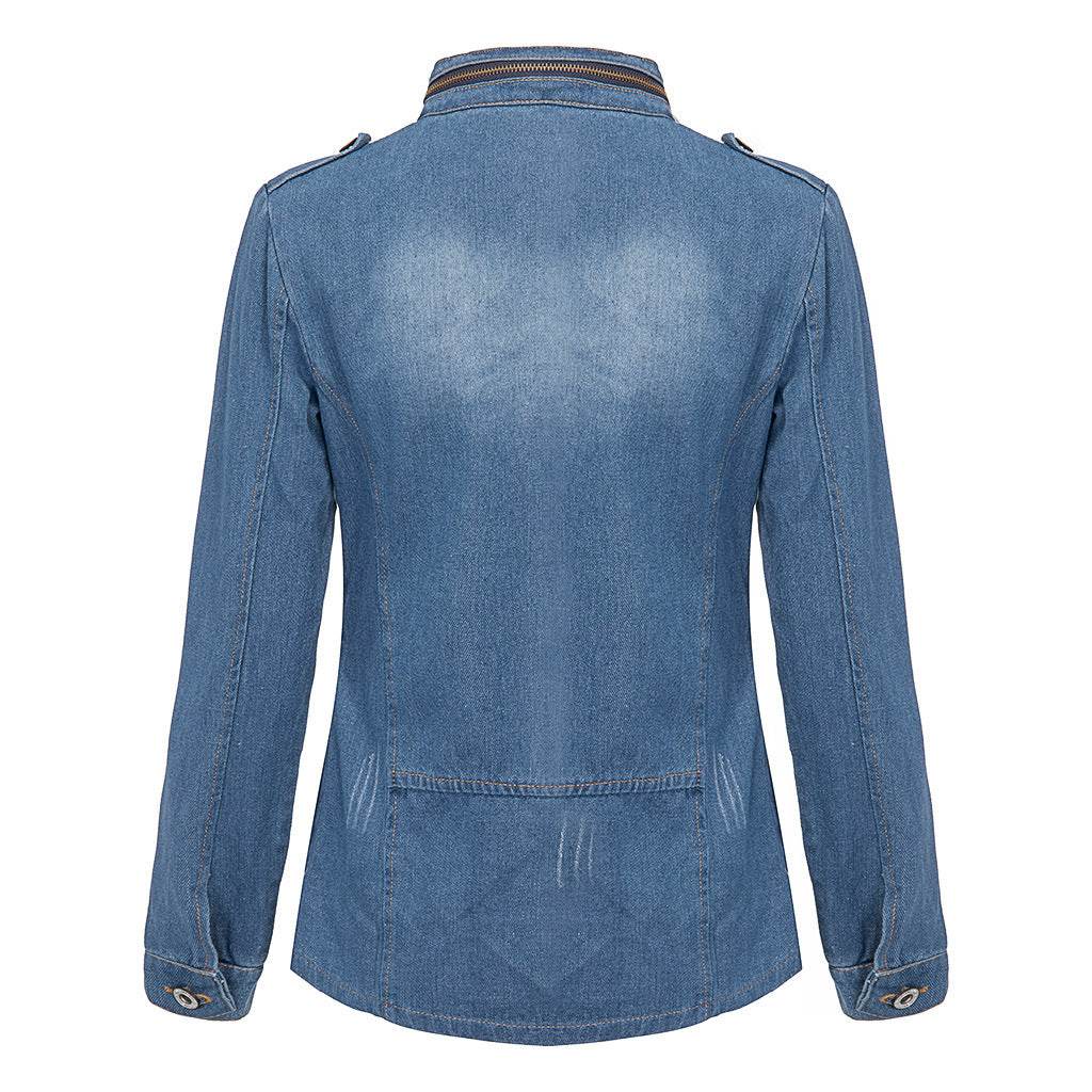 Fitted Zip up Lapel Women Denim Jacket