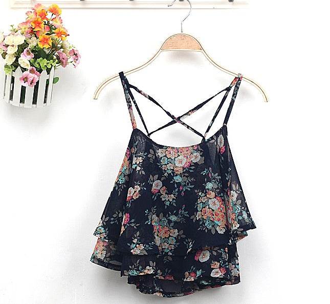 Tops chemisier d'été en mousseline à imprimé floral pour femme - Chemise rétro sans manches à imprimé floral et épaules croisées