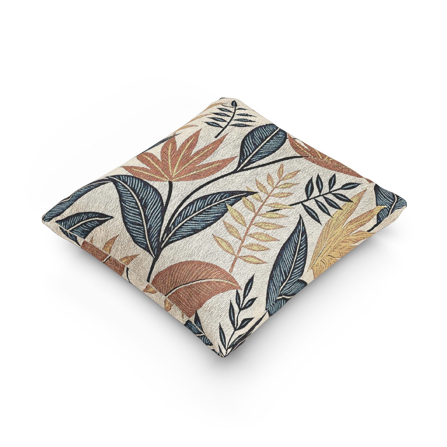 Tropical Leaf Pattern Woven Pillow | Botanical Throw Pillow, Neutral Blue Rust Design
