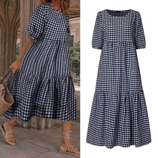 Casual Summer Midi dress puff sleeve flowy mum dress