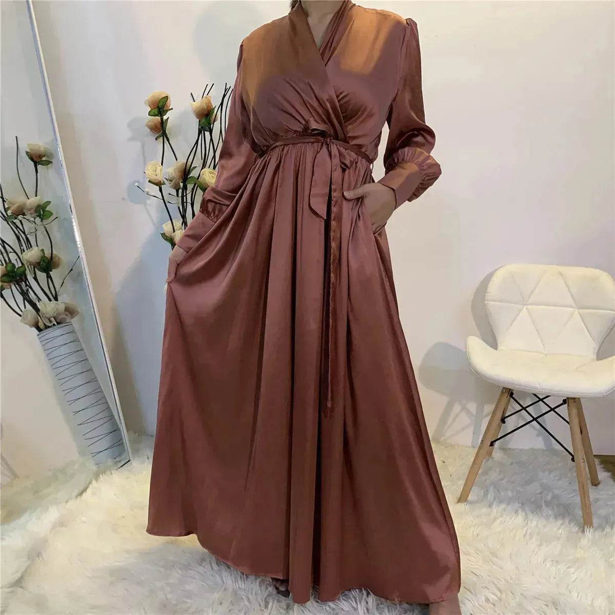 Elegant V-Neck Plain color Dubai Abaya Turkey Satin Abaya for ArabWomen Middle East dress for Women