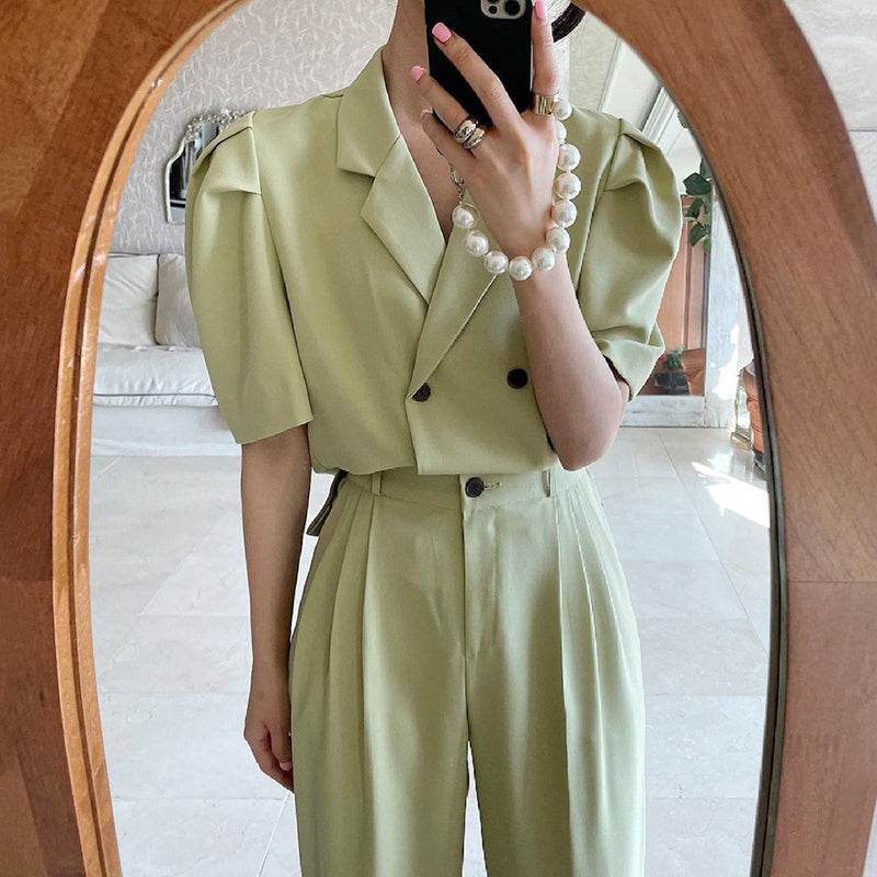Simple Lapel Double-breasted Puff Sleeve Blazer High-waist Pleated Casual Trousers suit
