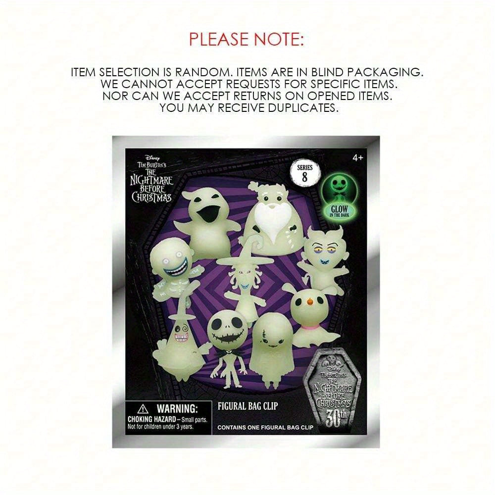 Disney The Nightmare Before Christmas Series 8 Collectible Figural Bag Clip - Glow in the Dark PVC Keychain, Blind Mystery Box - Ideal for Christmas & Halloween Decorations