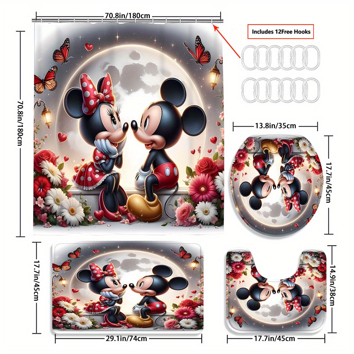 Disney Mickey Mouse Family Bathroom Set - Complete Set Includes 1/4 Pcs Shower Curtain, 12 Hooks, Non-Slip Mat, Toilet Seat Cover, And U-Shaped Cushion - Perfect for Modern Decorating