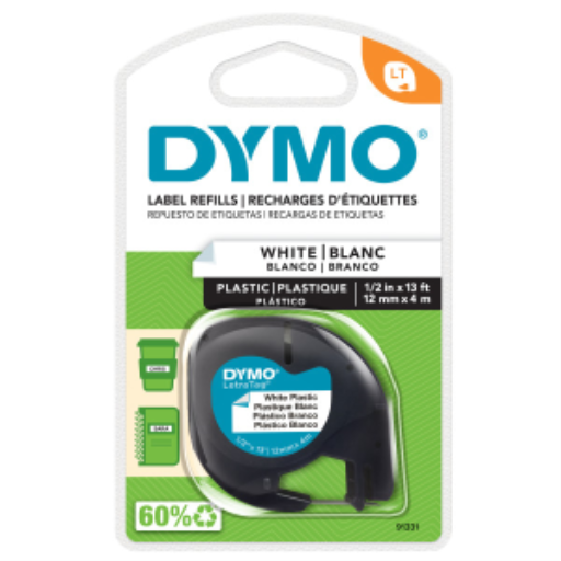 Rubans plastique DYMO LT pour étiqueteuses LetraTag, impression noire sur étiquettes blanches, rouleau de 12 mm x 4 m