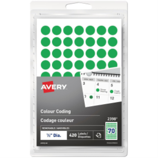 2398 Avery® Removable Colour Coding Labels Handwrite, ½" Green / Removable