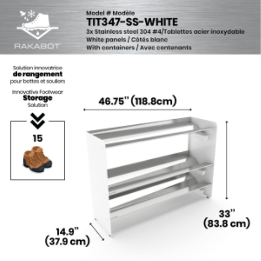 (CUSMA form attached) Commercial rustproof shoe and boot rack / 3 Tier / Shelf 46.25" stainless / Whitepanels / Store 15 pairs / Rakabot Titan