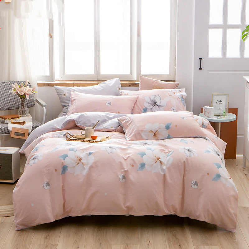 Cotton 4-Piece Bedding Set – Floral Plant Print Bed Linen Set with Duvet Cover