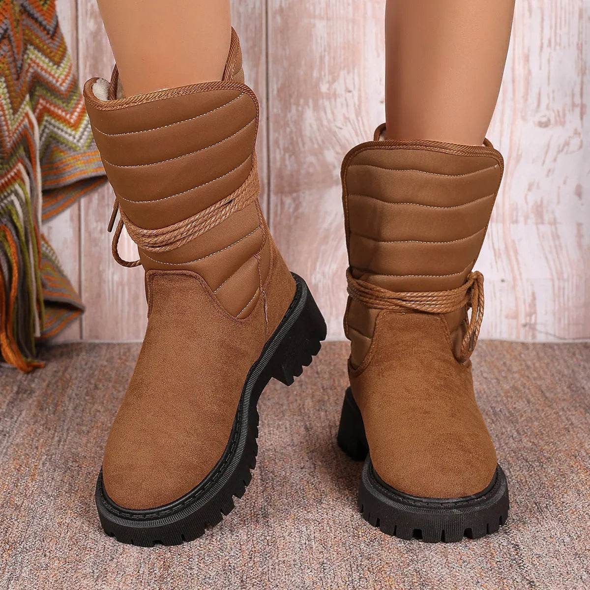 Nouvelles bottes de neige mi-mollet à talon épais, doublure polaire chaude d'hiver avec lacets, chaussures décontractées à la mode pour femme
