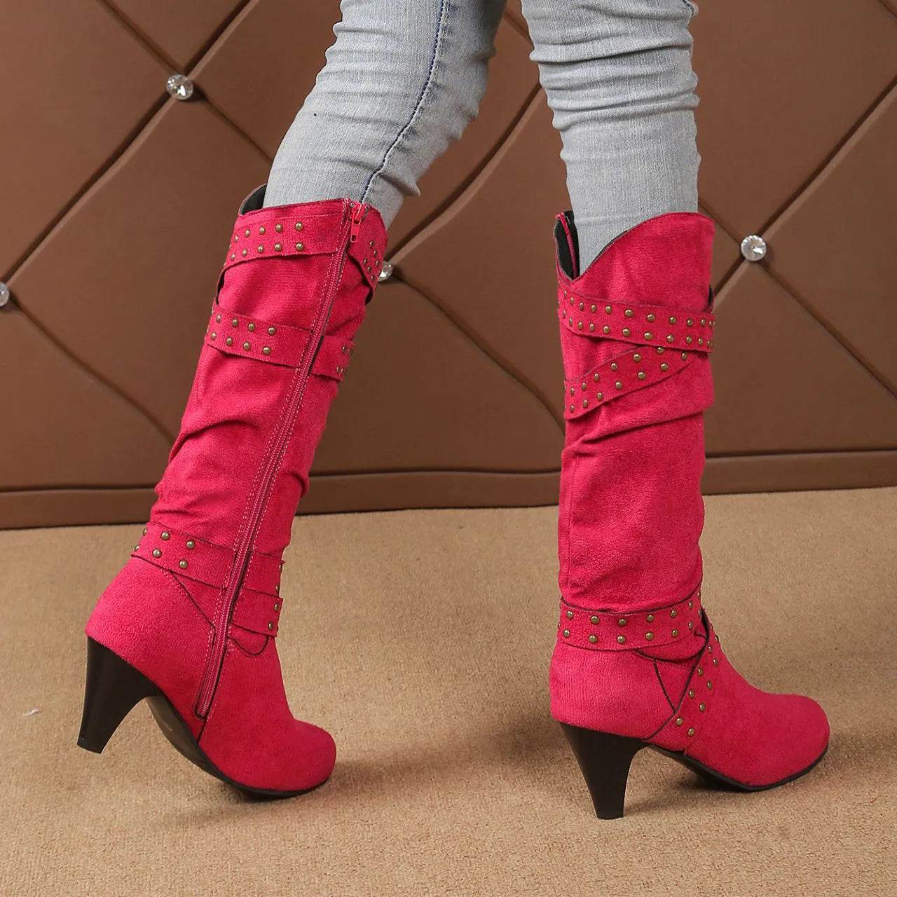 Bottes à talons hauts mode avec lanières croisées et rivets, bottes de cowboy western rétro en V, chaussures décontractées à fermeture éclair pour femmes