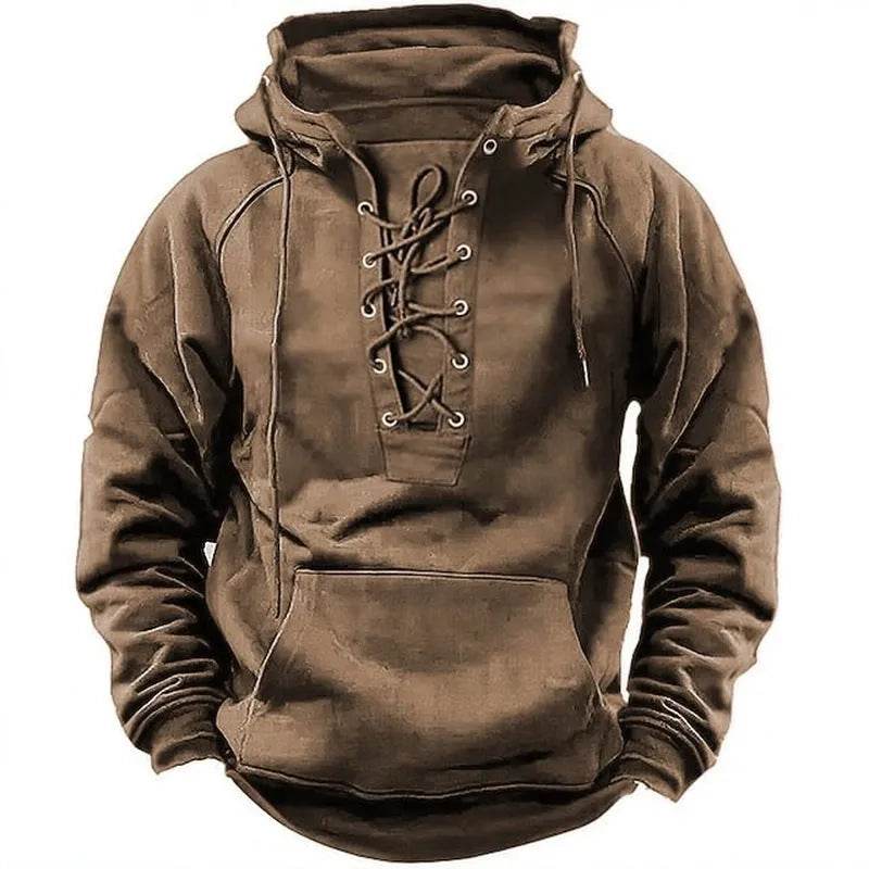 T-shirt à capuche rétro à lacets pour homme, manches longues, décontracté, style pull-over