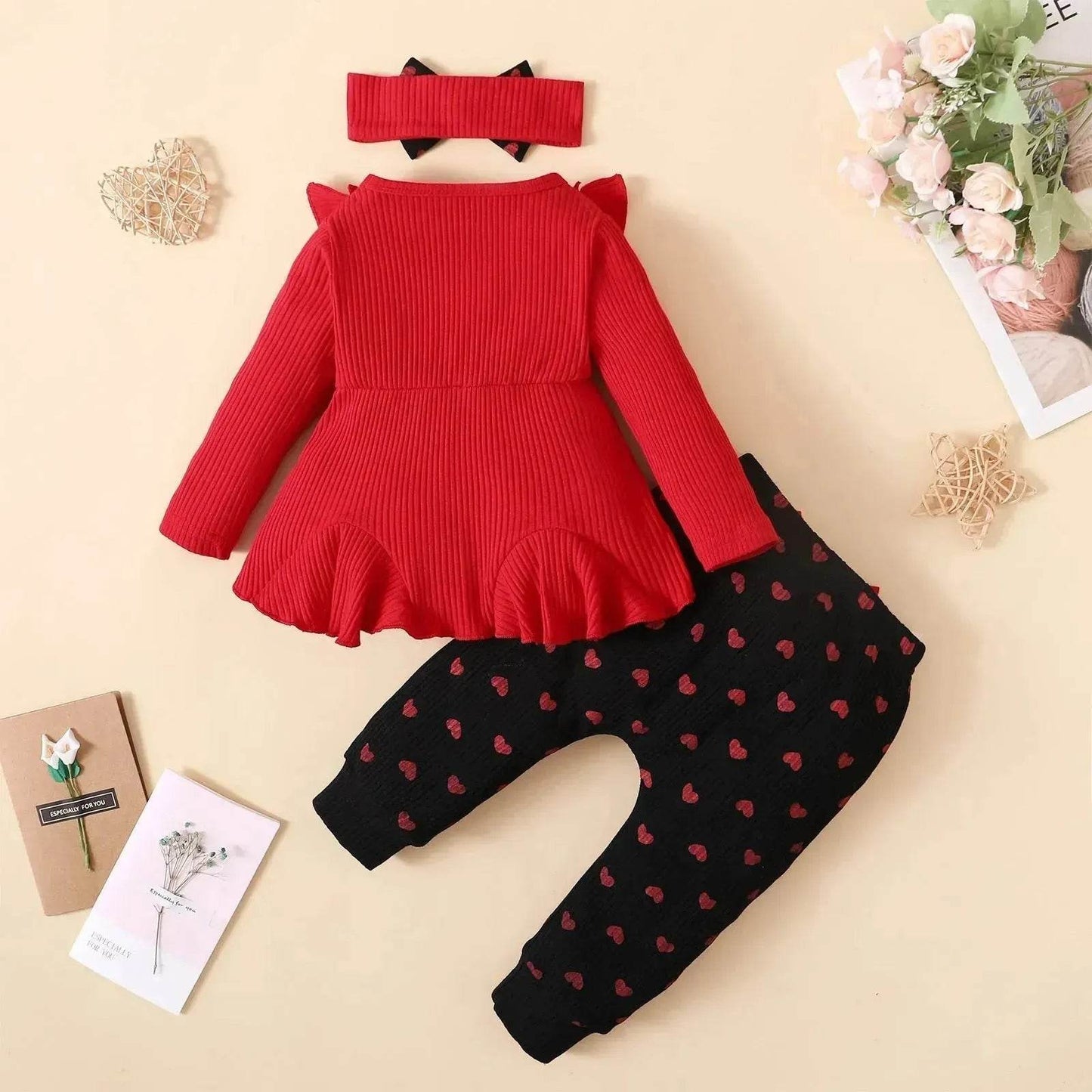 Newborn Baby girl Toddler Suit Sunken Stripe Top And Printed Peach Heart Leggings two piece for girls