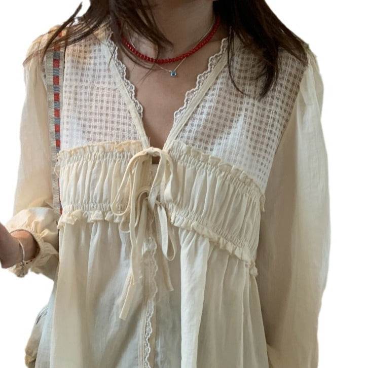 Casual Spring Summer New Retro Elegant V-neck Linen everyday blouse top