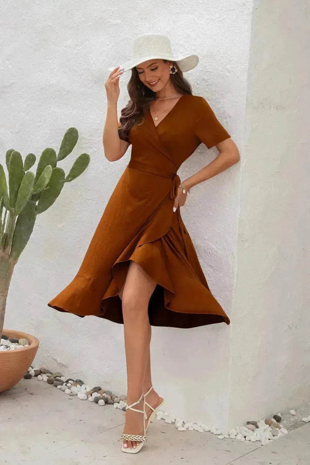 2025 Summer Solid Color Long Short Sleeve V-neck High Waist Tied Midi Dress