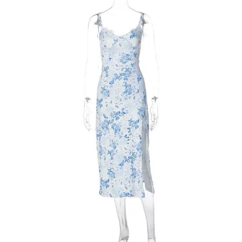 Women's Floral Spaghetti Strap Cami Dress Lace Trim Side Slit Bodycon Midi summer Dress