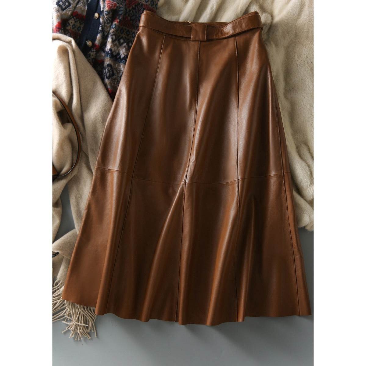 Fashion Retro All-match A- Line High Waist Formal Office Work Midi Faux Leather Skirt
