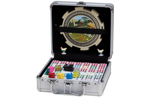 DBL 12 PROF COLOUR DOT MEXICAN TRAIN / CHICKEN DOMINOES W/ 2-IN-1 HUB IN ALUM CASE