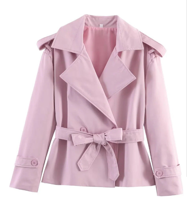 Women’s Solid Color Belted Short Trench Coat – European Style Cropped Jacket with Waist Tie