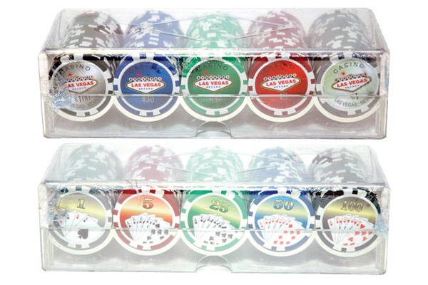 100PC 11.5G ROYAL FLUSH CHIPS IN PLASTIC CASINO CHIP HOLDER W/ LID