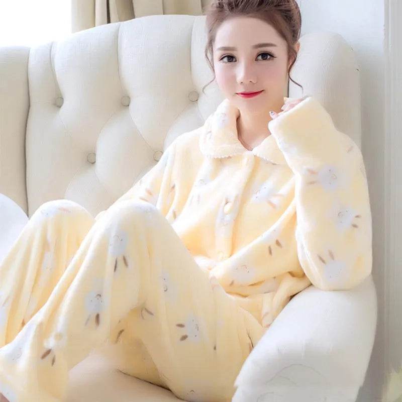 Women Coral Velvet Fleece Pajamas Fall Winter Loungewear Flannel Sleepwear