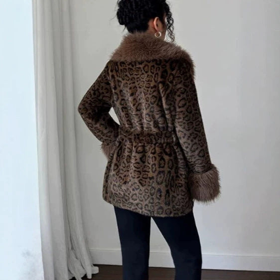 Faux Fur Leopard-Print Mink-Style Padded Long Coat