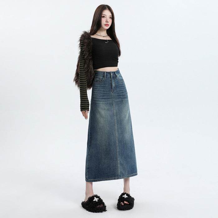 High Waisted Denim Skirt Long Cotton Solid Style