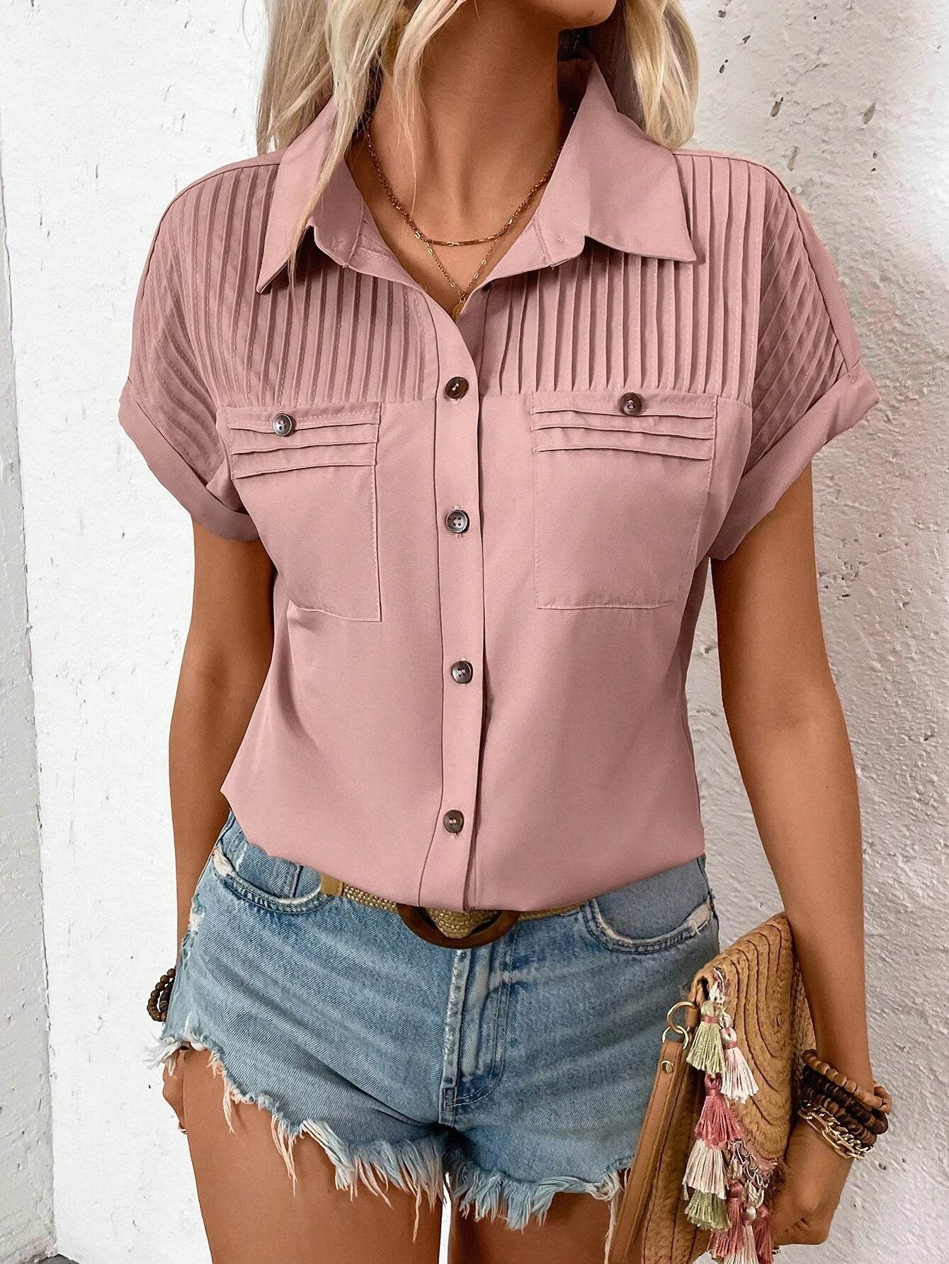 Lapel Shoulder Pleated Pocket Short Sleeve Top Shirt T-shirt Women