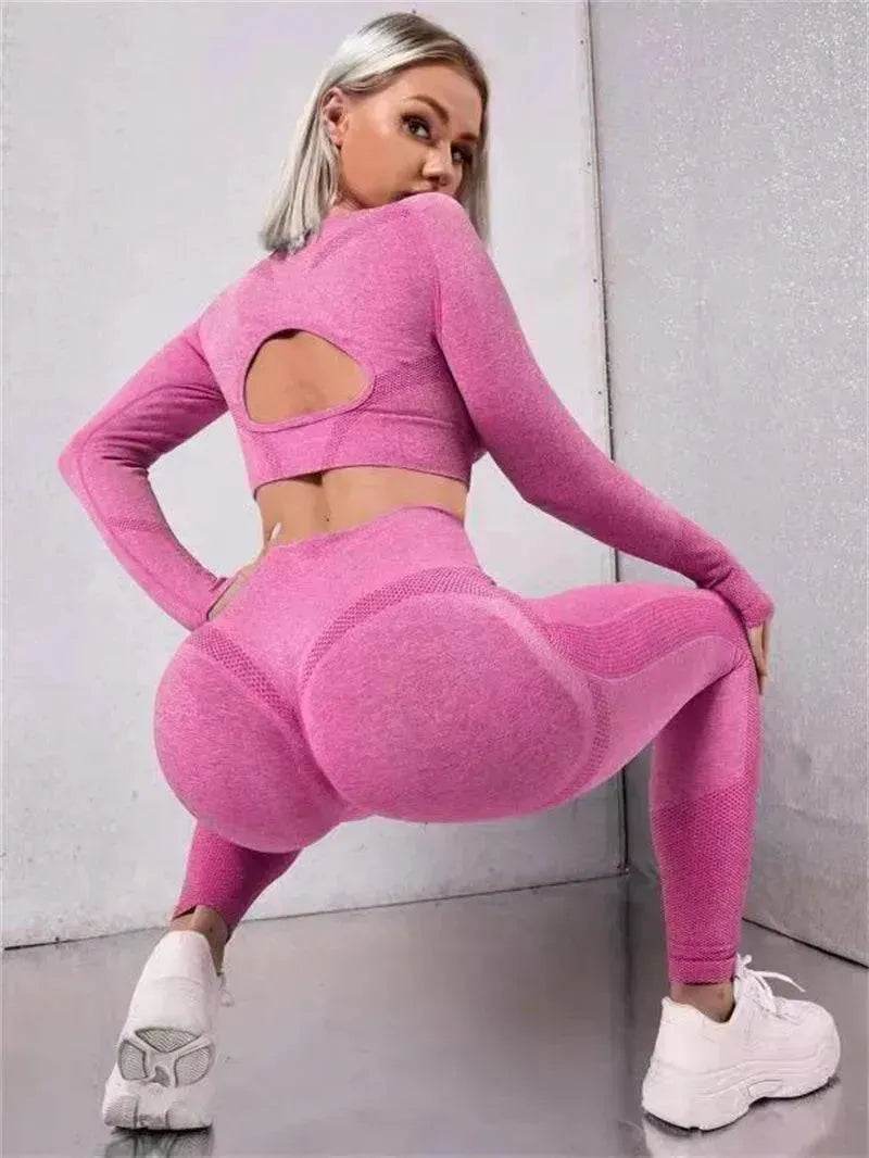 Fitness Leggings Sports Gym Sportswear Outfits Clothing 2pcs Sports Suits Long Sleeve Hollow Design
