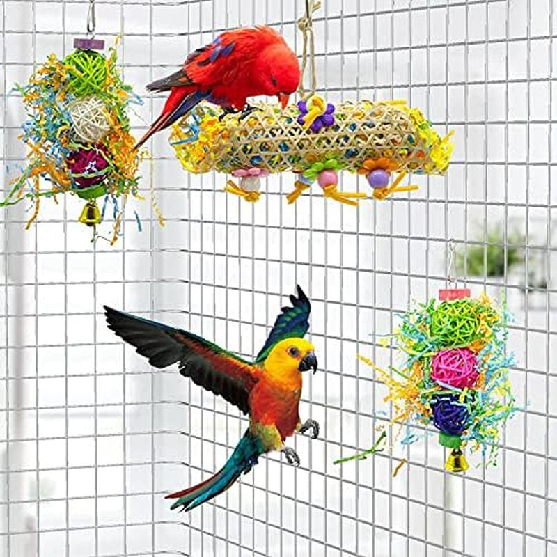 SHANTU Lot de 3 jouets à mâcher pour oiseaux, jouets à déchiqueter, jouets en luffa pour oiseaux, jouets de recherche de nourriture suspendus pour calopsittes, perruches, perroquets gris africains
