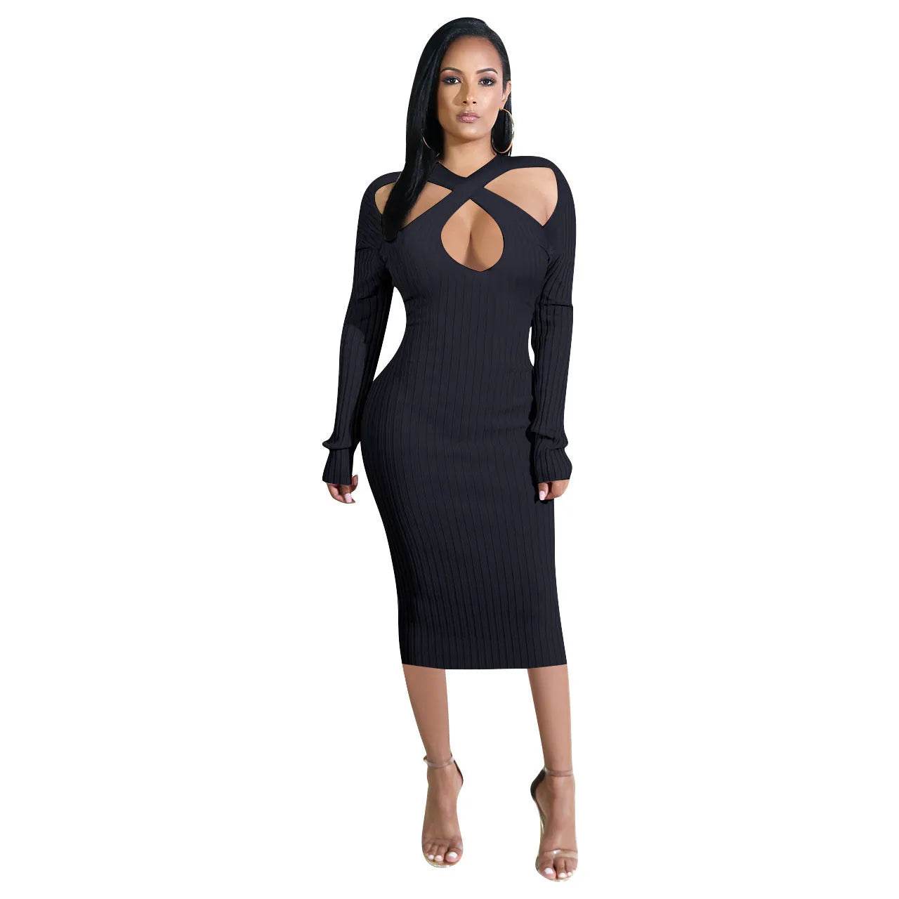 Chic V-neck Long Sleeve Midi Party Club Bodycon Pencil Dress