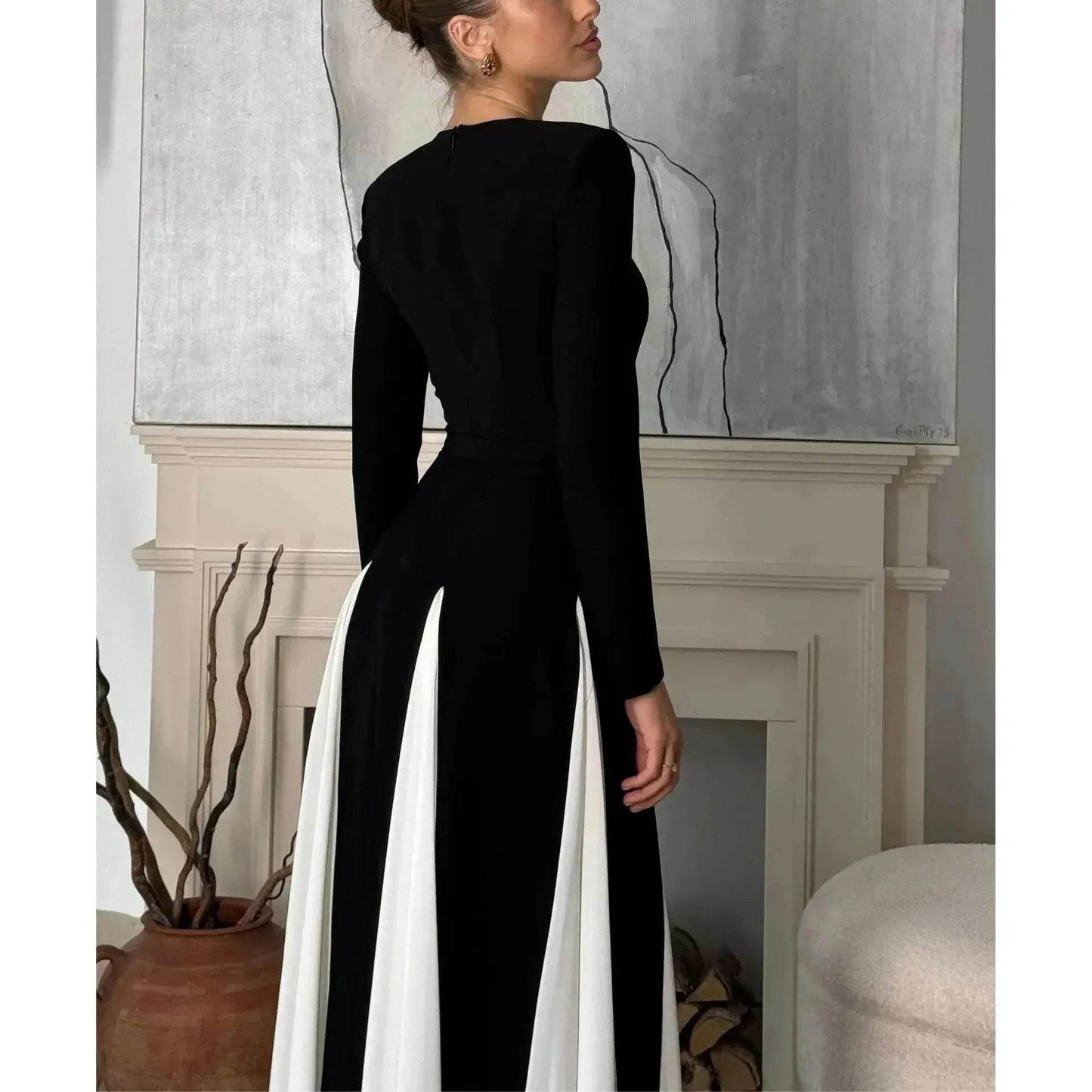 Luxury Classy Women's Black And White Stitching Long Sleeve Dress Long Skater Dress Flared Dress for Wedding Evening Party Cocktail Dress