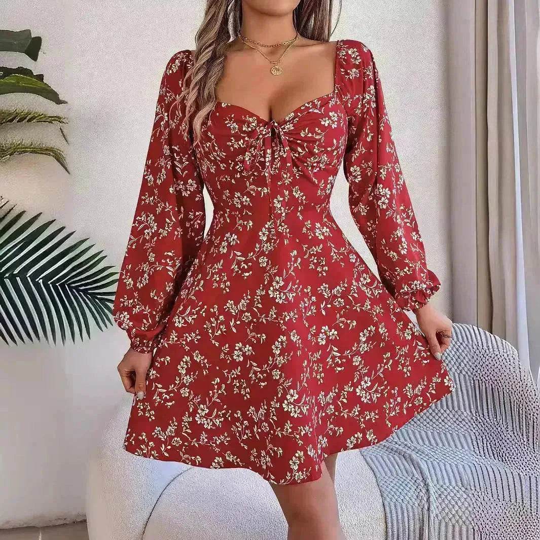 Casual Summer Floral Mini Dress Lantern Sleeve Skater Dress