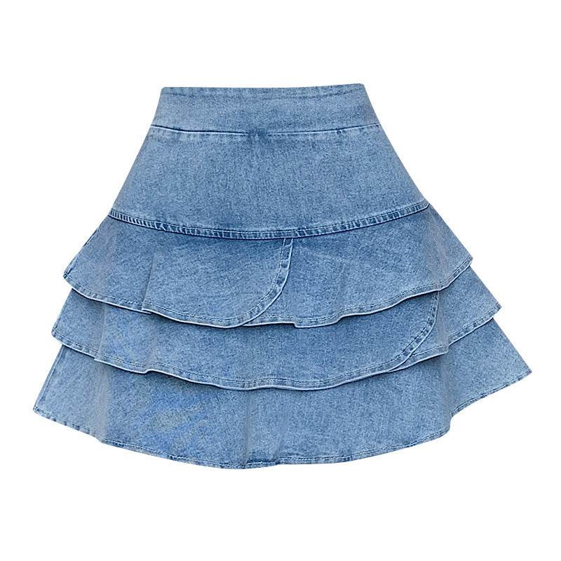Elastic Jeans High Waist Layer Denim short mini flare skirt