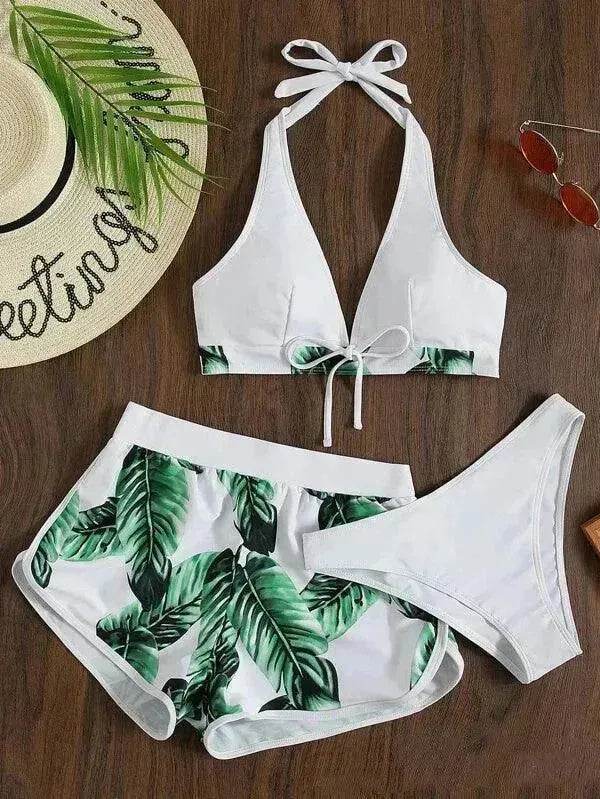 Maillot de bain 3 pièces imprimé feuilles avec short, mode plage été, vêtements pour femmes