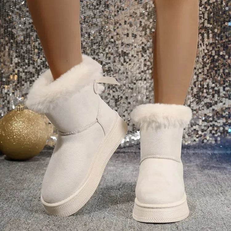 Bottes de neige d'hiver avec nœud papillon, à la mode, bout rond, plat, épaissies, en daim, coton pour femmes, chaudes, pelucheuses, courtes