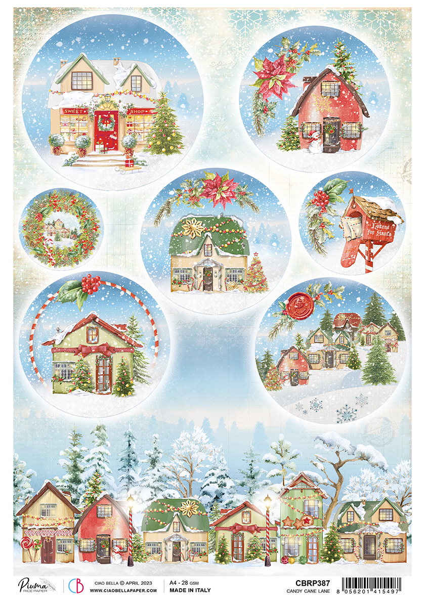 Ciao Bella Papier de Riz A4 Piuma Candy Cane Lane - 5 Feuilles