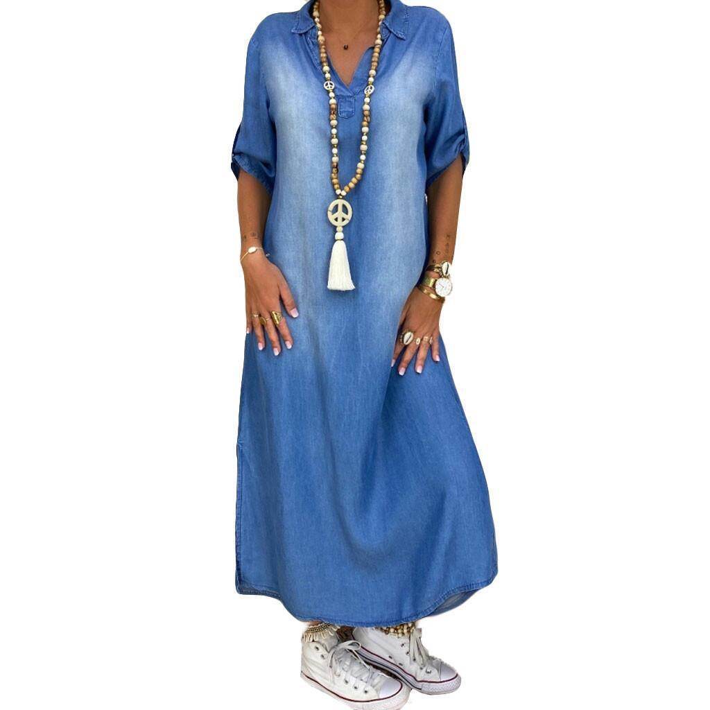 New washed denim dress Side Split Loose Mum Long Jeans Dress