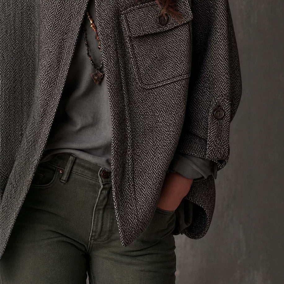 Women’s Vintage Oversized Herringbone Wool Coat – Long Relaxed-Fit Winter Outerwear Jacket