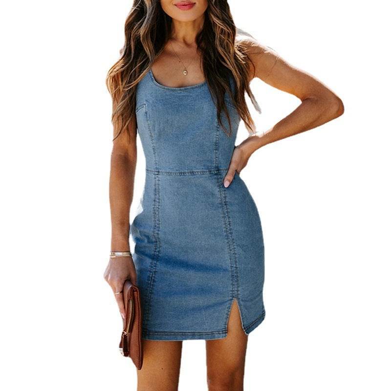 Women's hot sleeveless Jeans Denim Mini fitted Dress Women's Tight Back side split