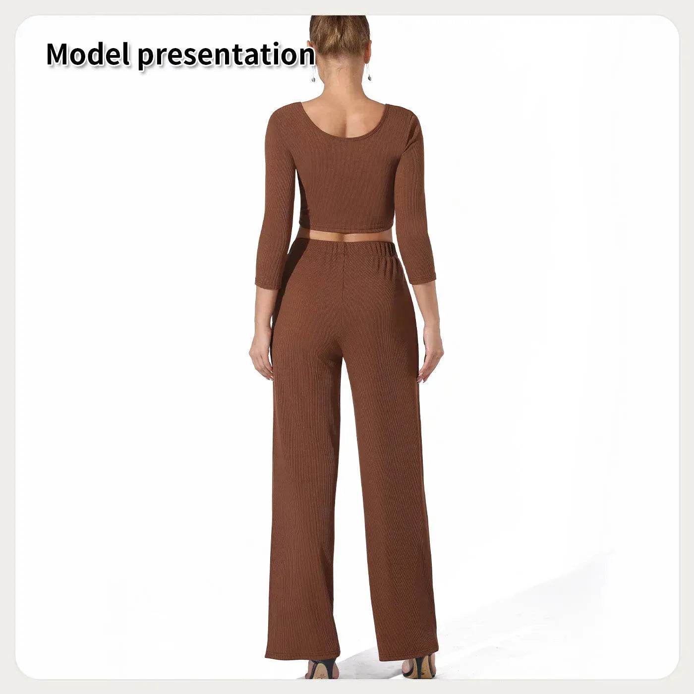 Women Fashion Casual Matching 2pcs set Long Sleeve Crop top and Pant set