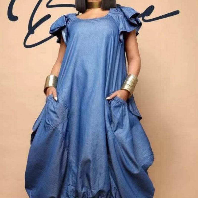Fashion Faux Denim Large Pocket Loose Dress